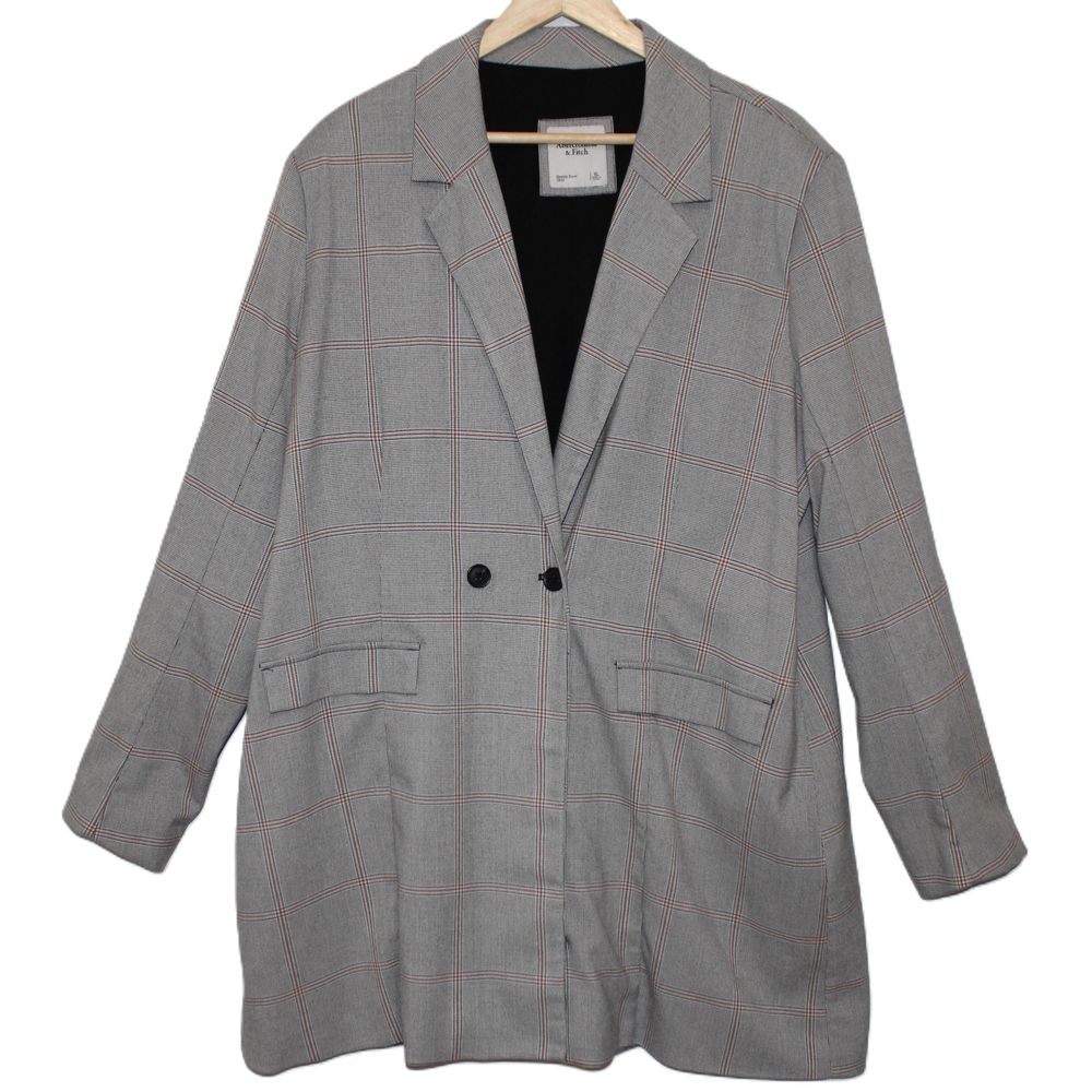 Womens Abercrombie & Fitch Gray Plaid Double-Breasted Mid-Length Blazer Size XL
